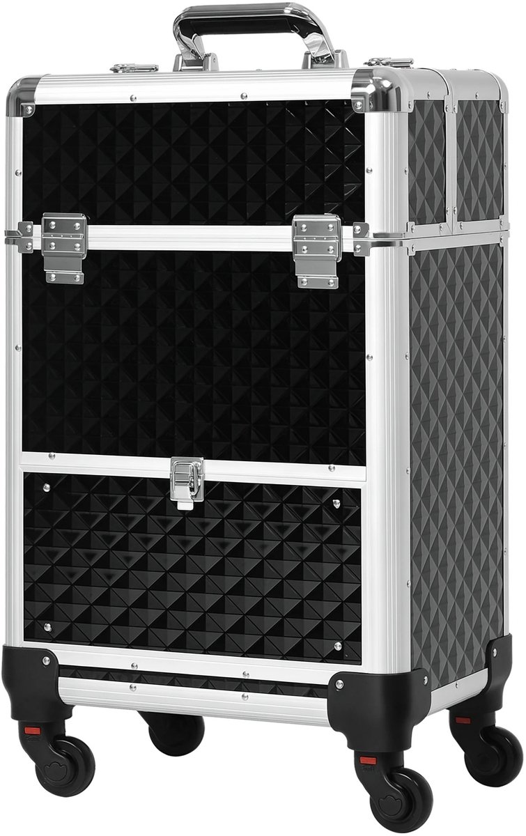 Bresht Professionele Make-upkoffer - Trolley - Vier wielen - Uitschuifbaar handvat - Maximaal 10 kg - Zwart - 34 x 25 x 62 cm