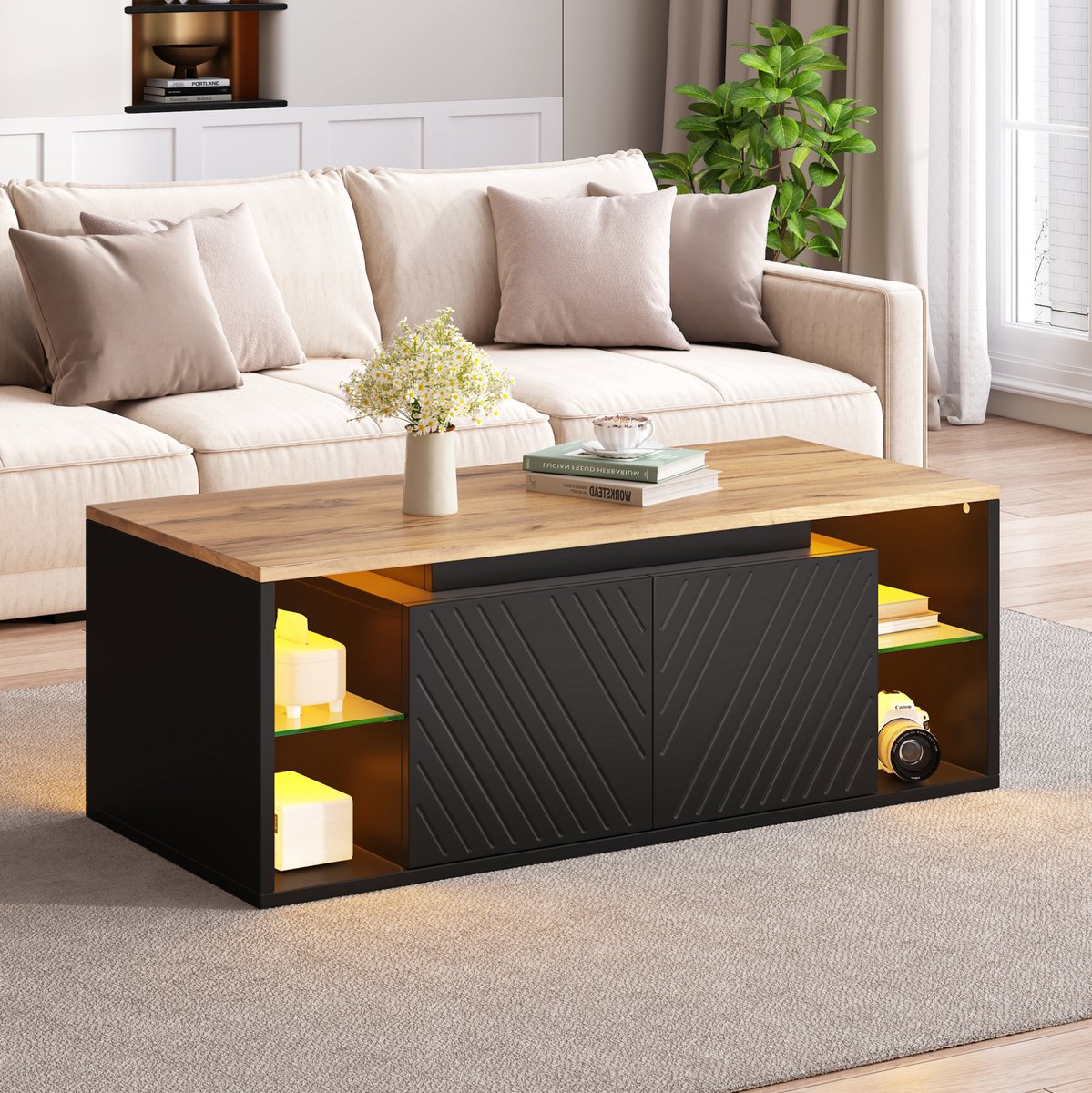 STILVORA Salontafel - Met Ledverlichting, Twee Deuren En Halfopen Opbergruimte - Voor De Woonkamer - Spaanplaat - 100 X 50 X 41 Cm - Zwart