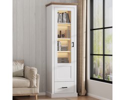 LED Vitrine Wit Mat 178cm - USB Aansluiting - Houtdecor - Gehard Glas - Met Lade - 5 Vakken