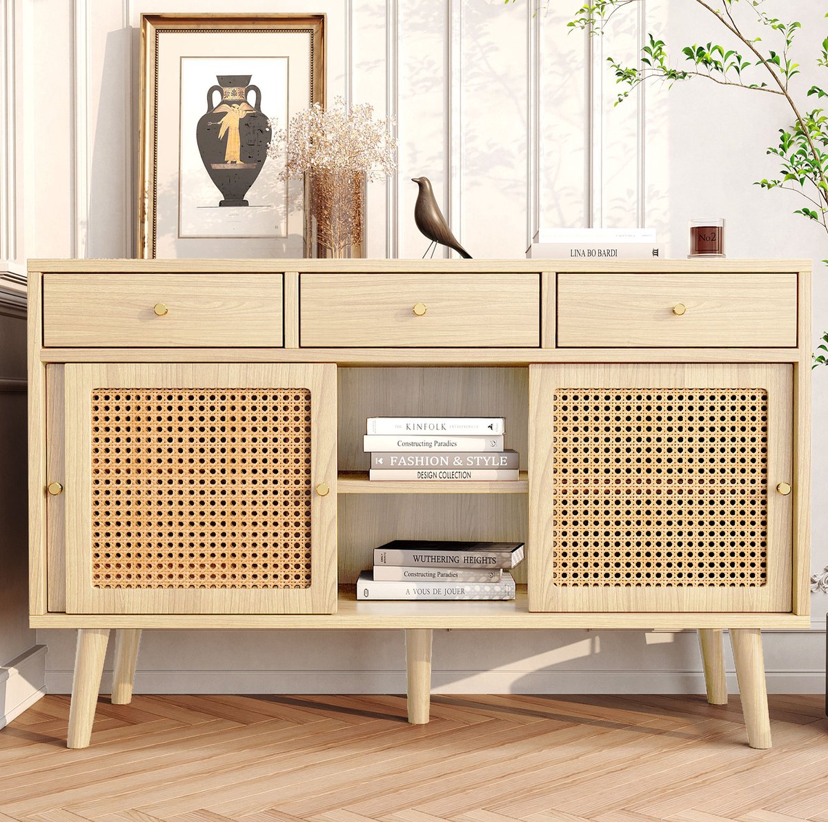 WUVRIE Dressoir 120 x 40 x 78 cm - 3 lades, 3 schuifdeuren en verstelbare planken - Eiken
