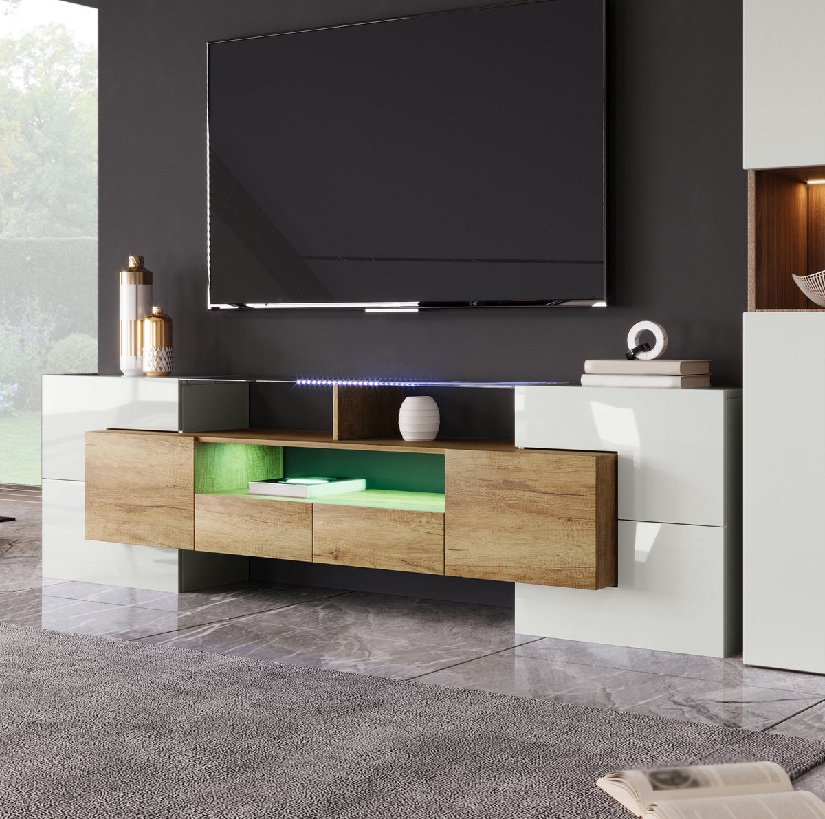 WUVRIE TV-meubel 200 cm - 6 deuren, 2 lades en LED-verlichting - Wit/houtkleur