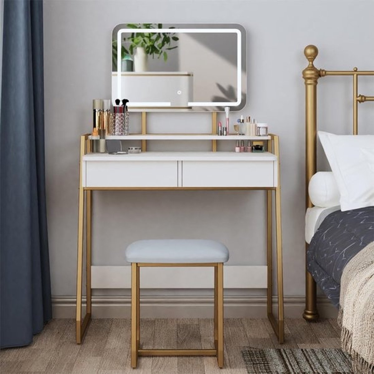 Kaptafel met spiegel en verstelbare ledverlichting en opbergruimte voor slaapkamer - wit en goud