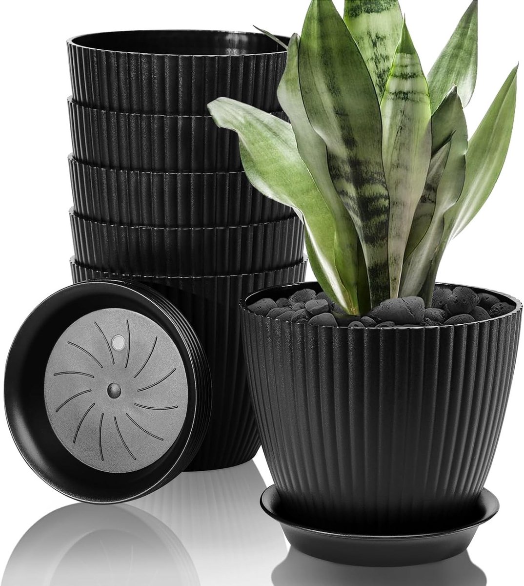 Plastic plantenpot met onderzetter, 19 cm, set van 6 gestreepte potten met afvoergaten, ideaal voor kamerplanten en decoratie