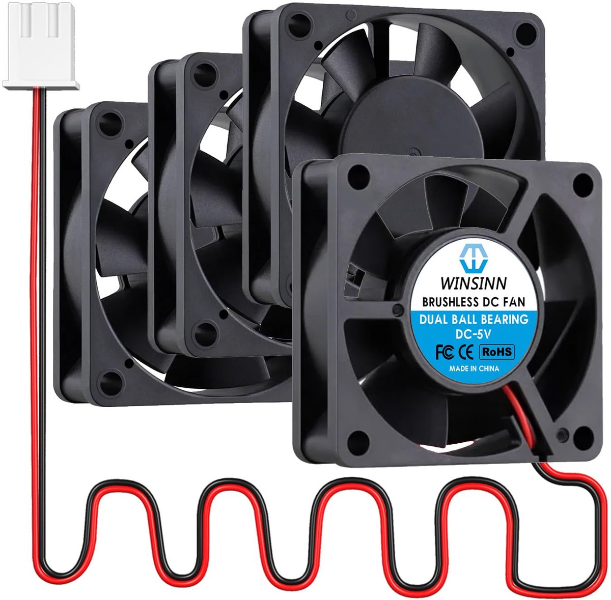 WINSINN DC 60mm Fan 5V 6020 Double Ball Bearings 5 Volt Brushless Cooling 60x20mm 2PIN (4-Pack) - ShopVlot