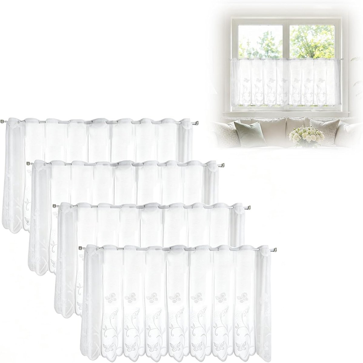 Vitrages set van 4 - modern wit linnenlook - keukengordijnen 130 x 45 cm - luchtige bistro gading - ShopVlot