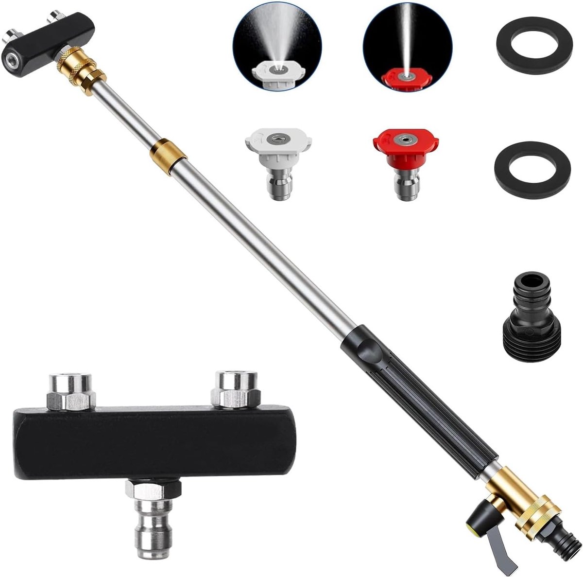 Telescopic high-pressure washer rod, 5-in-1 spray set with 3 interchangeable nozzles for any cleaning, easy quick - ShopVlot