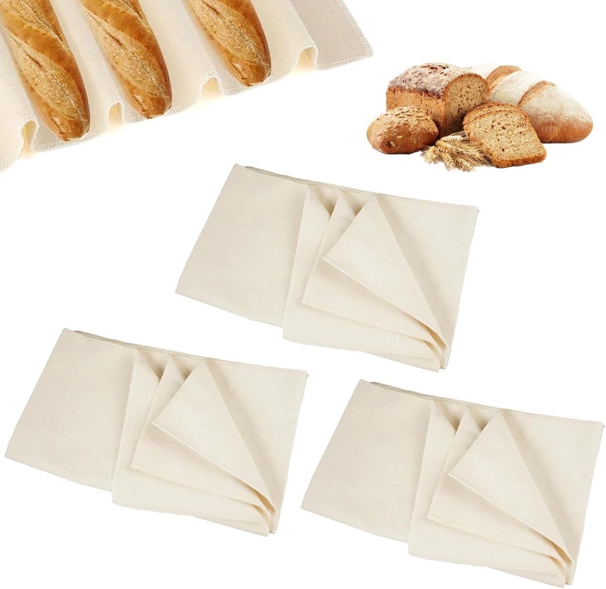 Deegdoek, 150 x 60 cm, 3 stuks linnen doek, brood bakken, katoenen materiaal, bakkerslinnen, dik, linnen doek, fermenteren beige, voor zuurdeeg, baguette, worteldeeg, gezinnen, bakkers