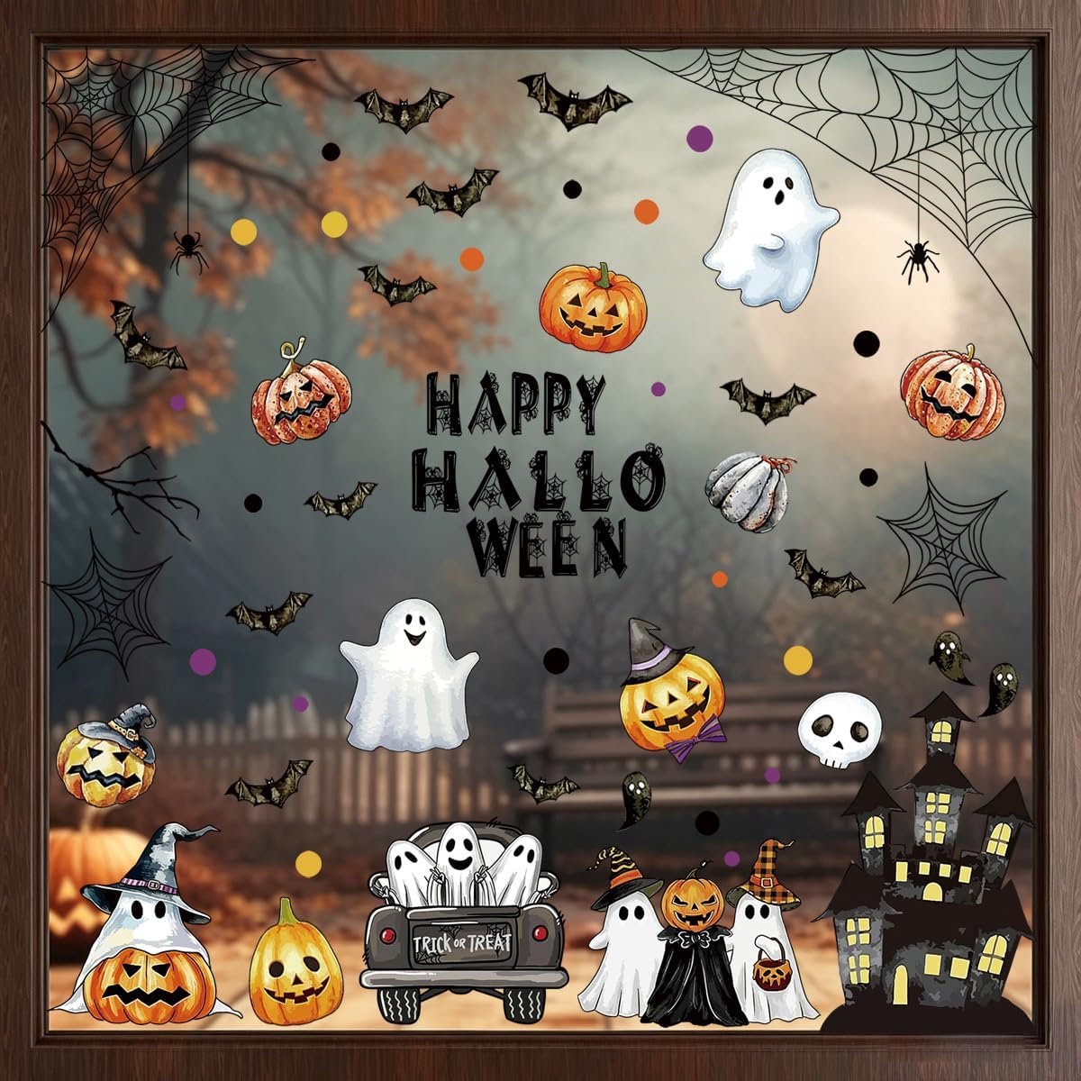Halloween-stickers, 90 stuks, set met 6 vellen (20 x 30 cm), dubbelzijdig, met pompoenen, geesten, vleermuizen, spinnenwebben en spookhuis, herbruikbaar, voor glas en tegels