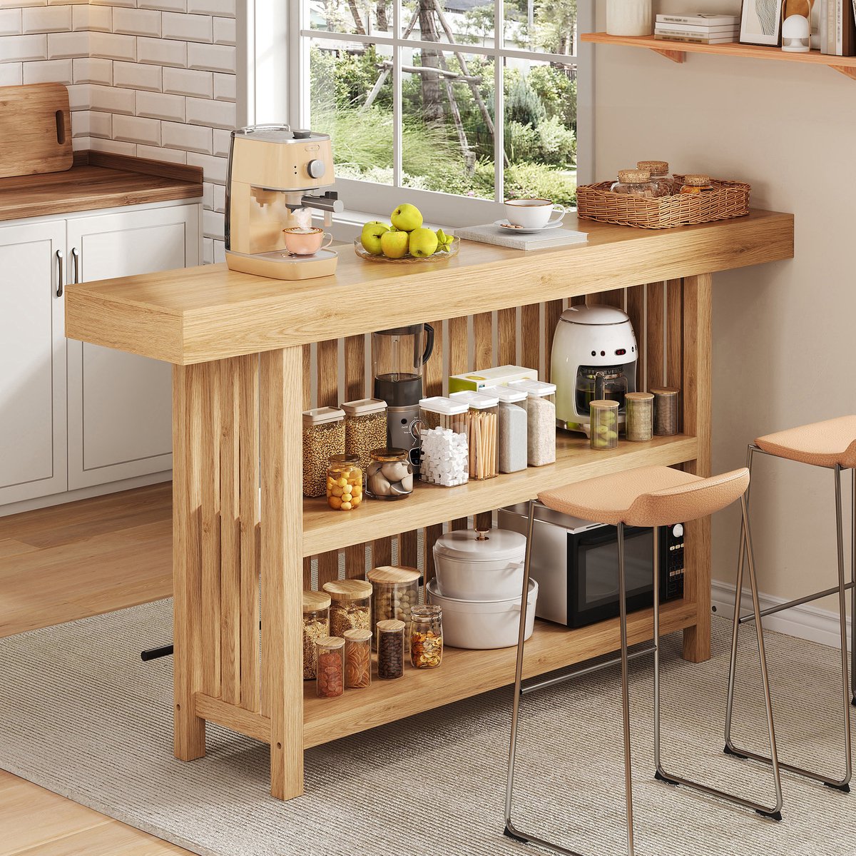 MODFU Bartafel - Voetsteun - Twee Legplanken - Modern - MDF - Naturel - 160 X 40 X 105 Cm Natural