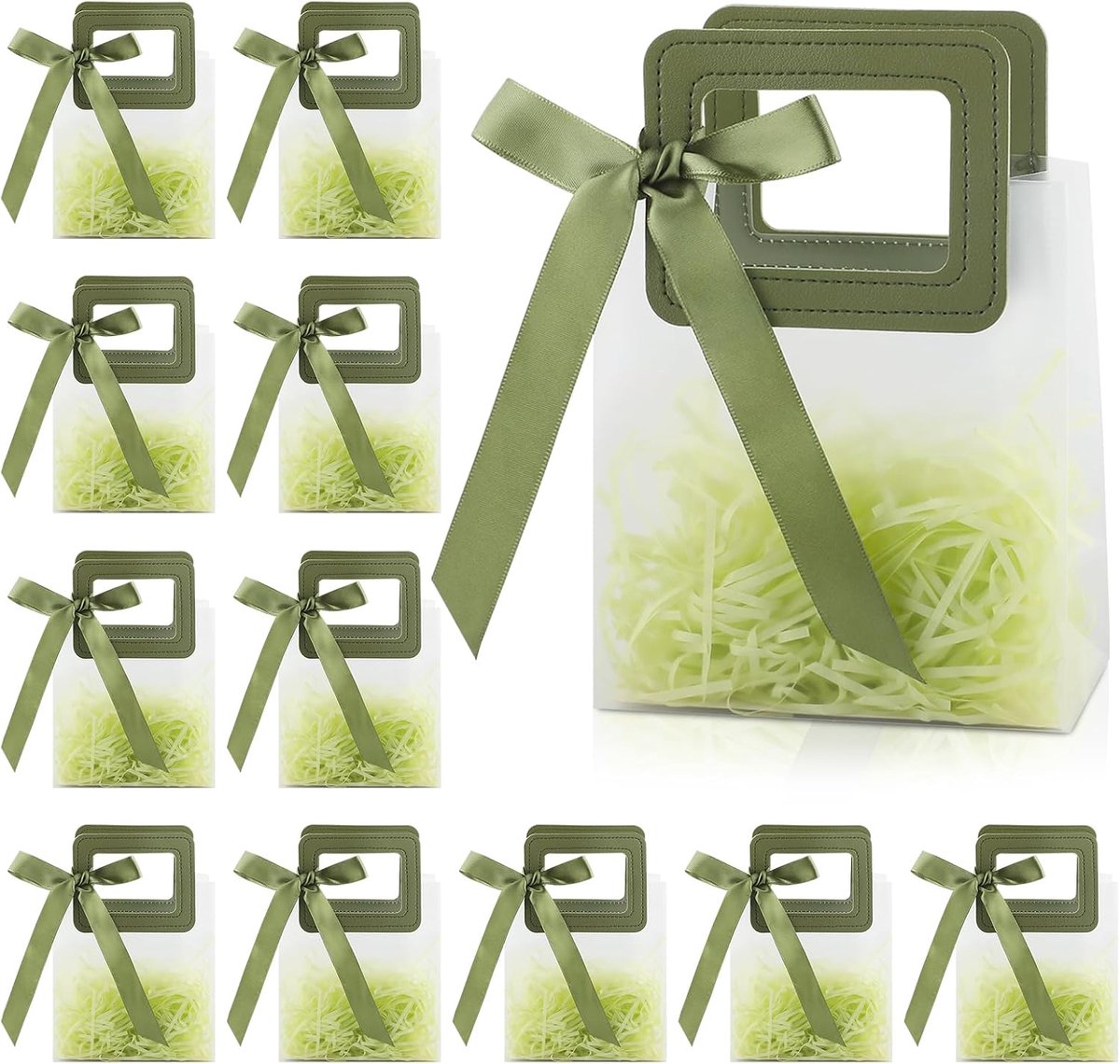 12 stuks doorzichtige geschenkzakjes met handgrepen, 15 x 13,4 x 7 cm kleine herbruikbare matte plastic draagtassen met groen lint, vierkant lederen handvat geschenkzakjes voor feestartikelen