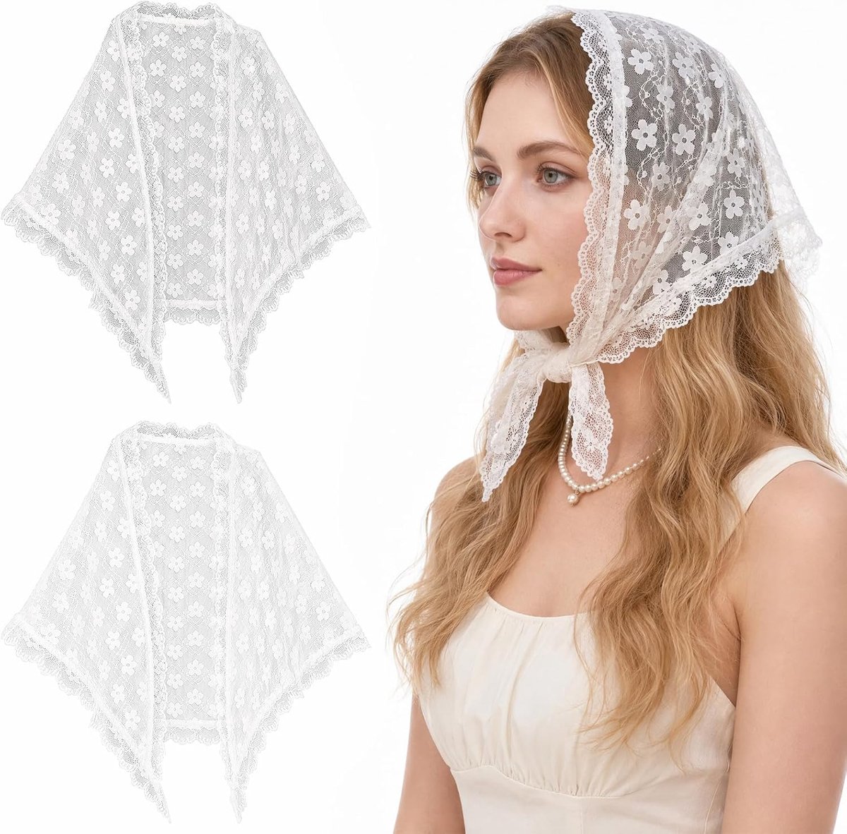 Bandana's voor dames, wit, met bloemenkant, elegante driehoekige sjaal, cowboy-haarband, voor dagelijks gebruik, feest, fotoshoot, 2 stuks