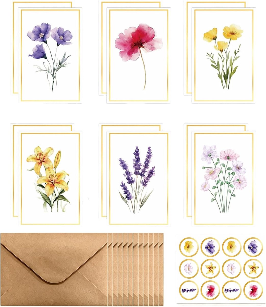 24 kaarten en enveloppen in wit, 15 x 10 cm, bloemen