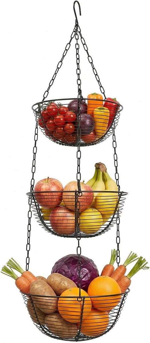 Hangende fruitmand met plafondhaak voor keuken en voorraadruimte, fruitschaal en groentemand voor opslag, 84 cm hoog, zwart (diameter 29 cm)