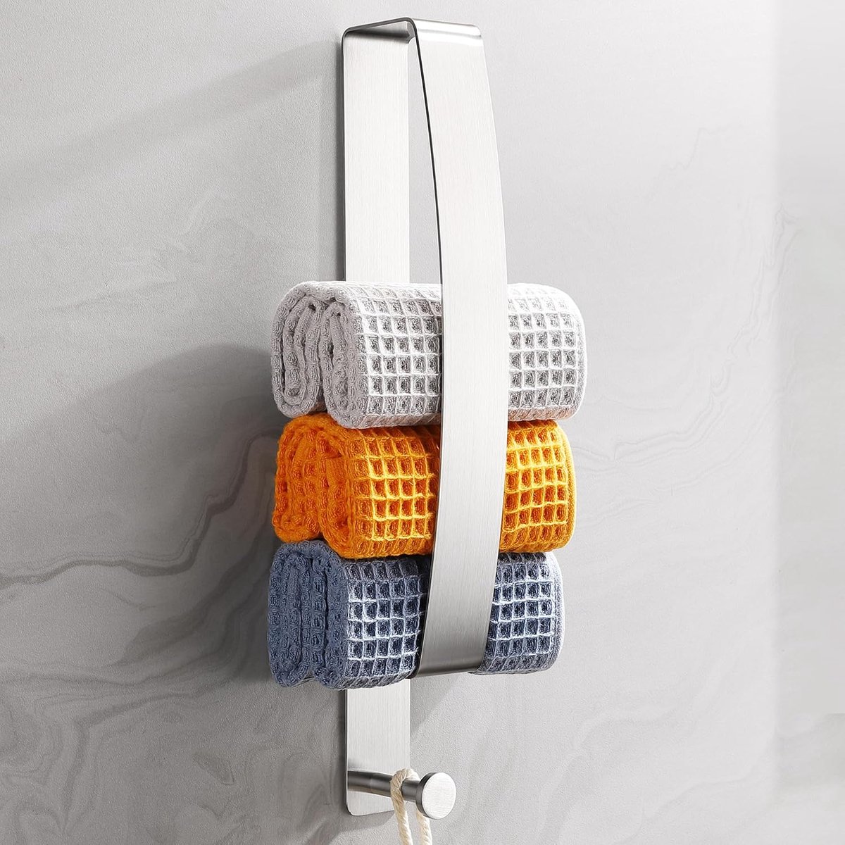 Handdoekhouder zonder boren, roestvrij staal 304, geborsteld zilver, met haken, zelfklevende gastenhanddoekhouder, 42 cm, roestvrije handdoekring voor badkamer, toilet en keuken