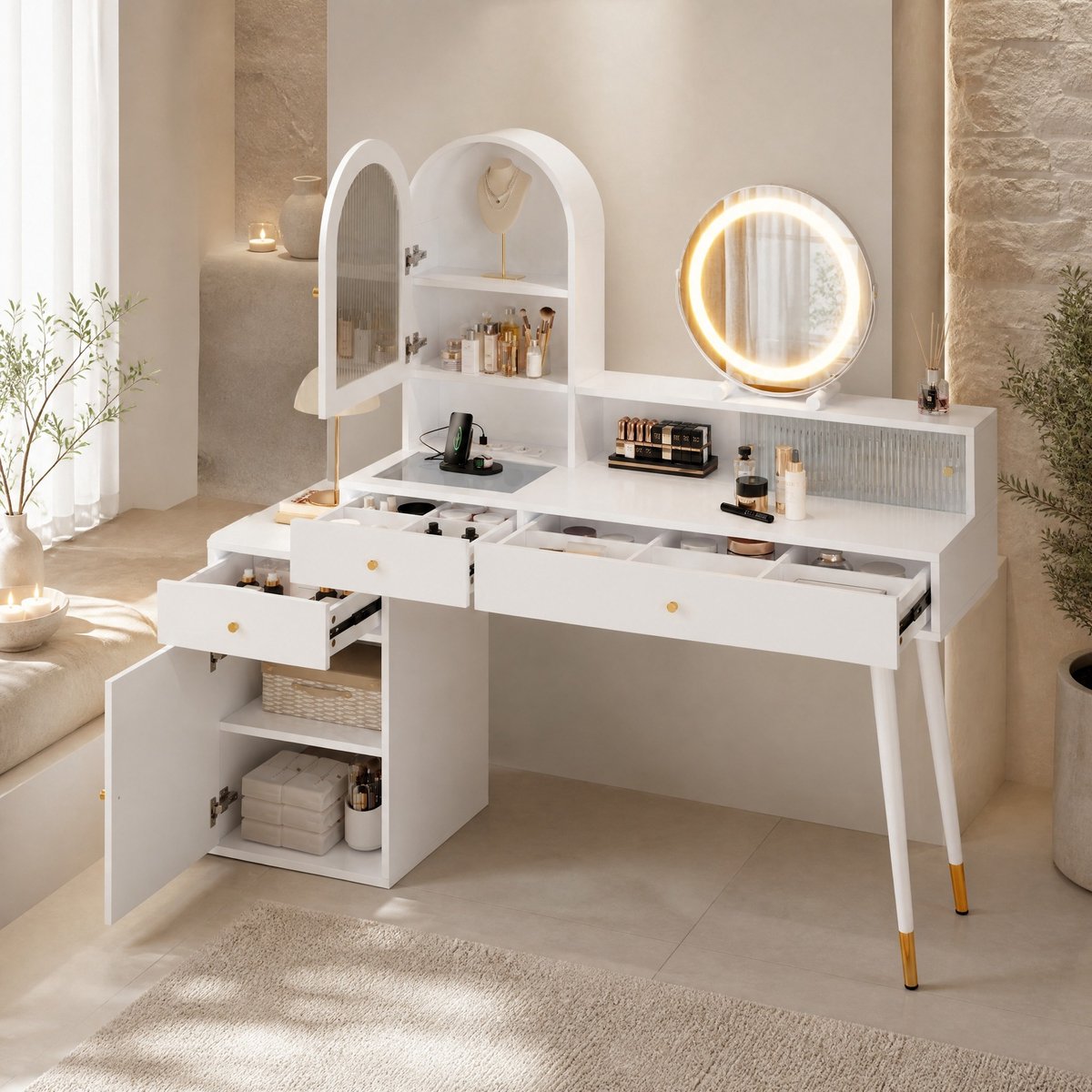 REDOM Kaptafel met LED-spiegel - Uitschuifbare L-vorm - USB en Type-C met 2 stopcontacten - Glasblad - MDF en spaanplaat - Wit - 140 x 40 x 140 cm