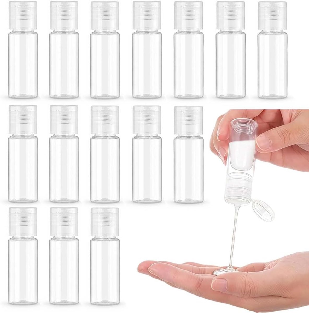 15 stuks reisflessen van 15 ml, vloeibare flessen om te vullen, transparante kunststof containers, container voor vloeistoffen, cosmetische flessen, douchegel, shampoo-lotion