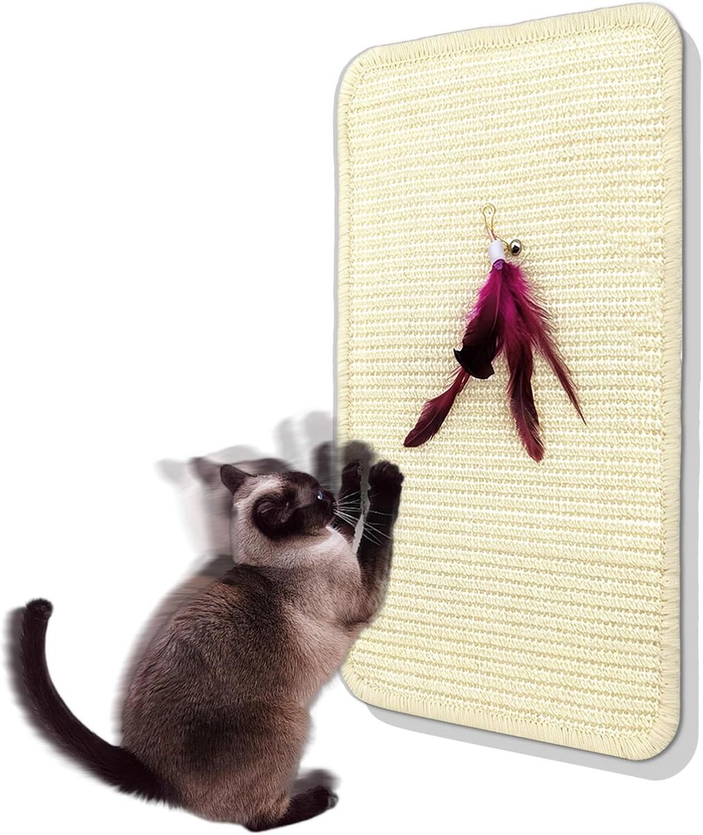 Krabmat voor katten, 25 x 50 cm, kattenkrabmat met bel en veer, sisal krabmat met dubbelzijdige lijm voor spelen klauw, beschermt meubels, banken, tapijten muur