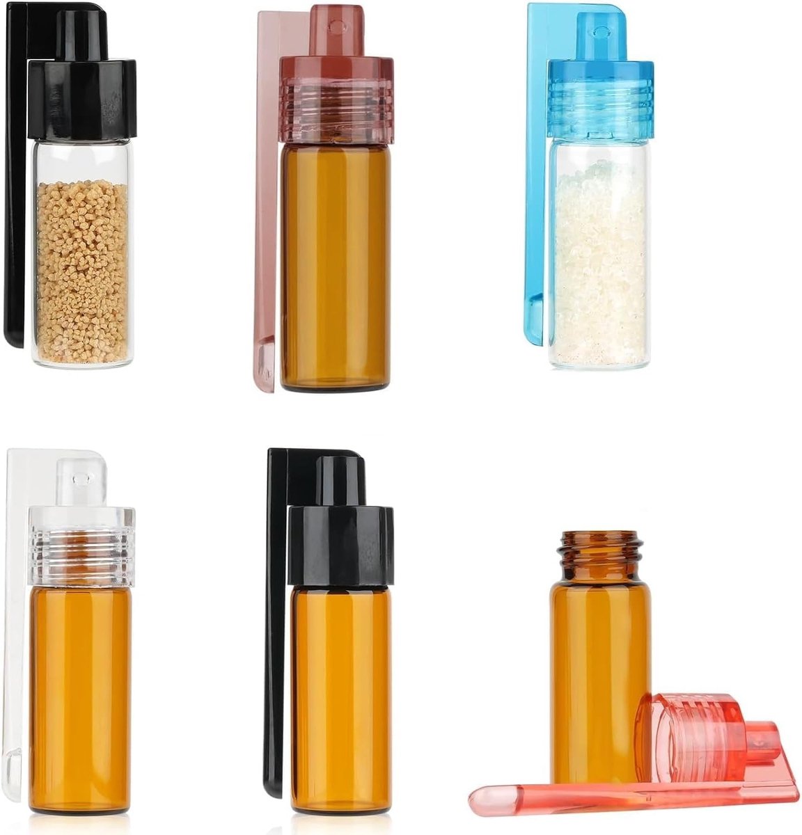 Kruidenpoeder Set met Lepel, 51 mm Hoog, Kleine Opbergfles met Micro Trechter, Glazen Vaatje voor Buiten, Kamperen en Reizen, 6 Stuks, Ideaal voor Koken en Specerijen