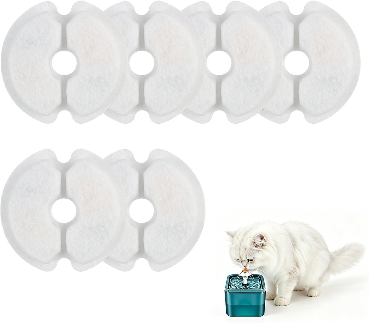 6 stuks waterfonteinfilters, vervangingsfilters voor drinkfonteinen, kattenfonteinfilter, reservefilter voor 2 l en 2,5 l drinkfontein, kattenfontein met katoen, drievoudig filtersysteem voor schoon