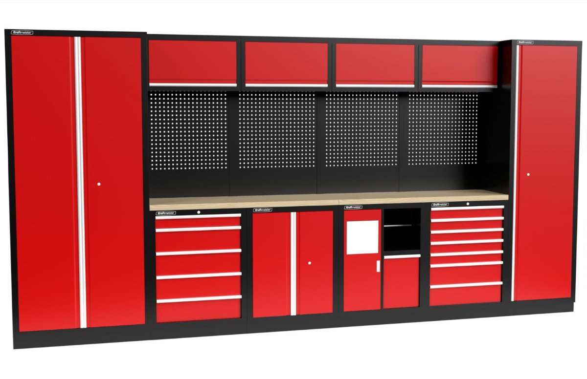 Kraftmeister werkplaatsinrichting - Werkbank met 4 wandkasten, 2 werkplaatskasten en multiplex werkblad - Werktafel met 9 laden, 1 opbergkast, 1 prullenbak en gereedschapswand - Complete set voor werkplaats of garage - Rood