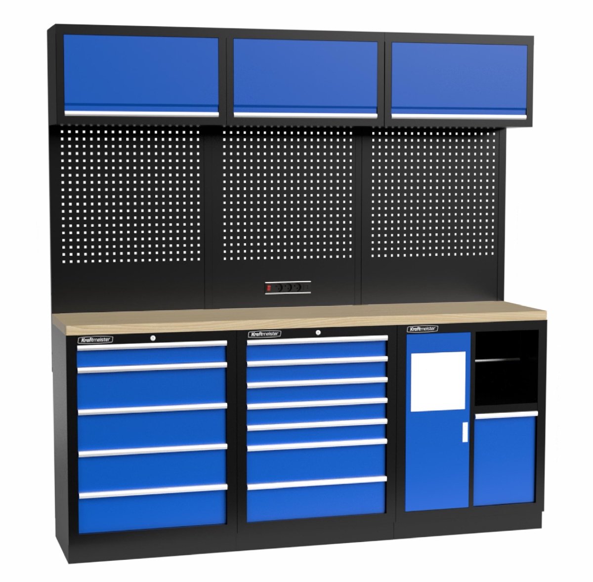 Kraftmeister werkplaatsinrichting - Werkbank met 3 wandkasten en multiplex werkblad - Werktafel met 12 laden en gereedschapswand - Complete set voor werkplaats of garage - Blauw