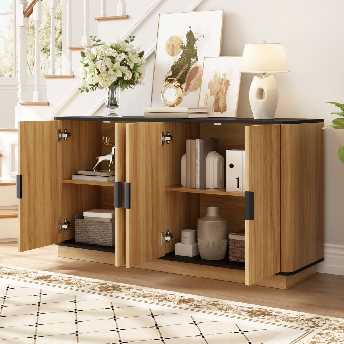WUVRIE Dressoir 139 x 40 x 75 cm - 4 deuren met golfstructuur en gesloten opbergruimte - Naturel Natuurlijk