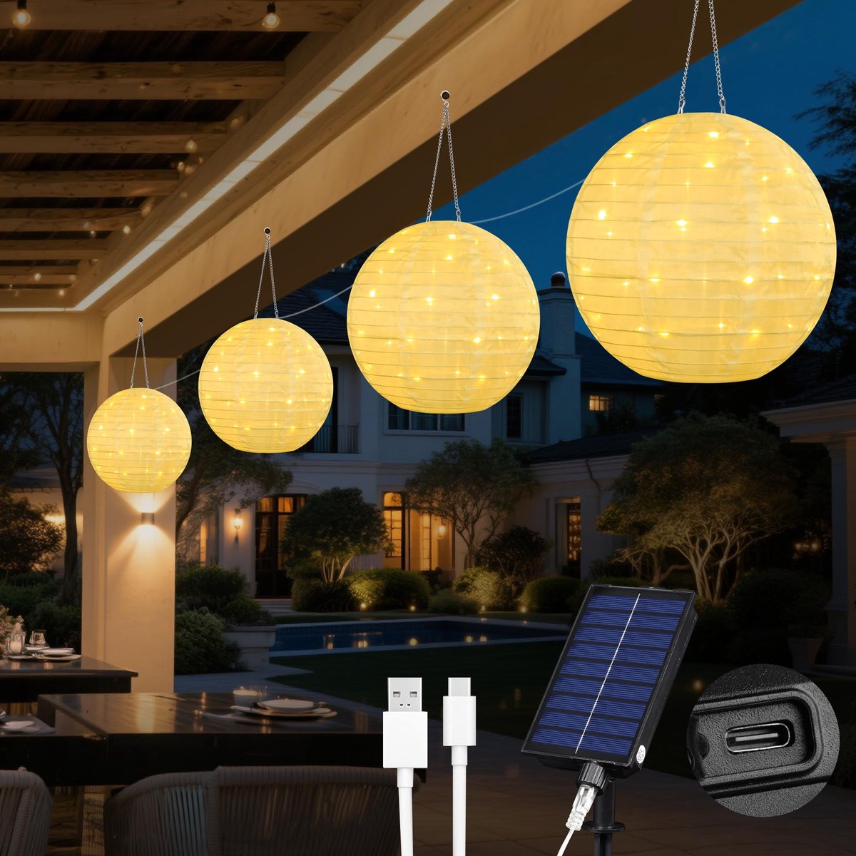 SnelShoppen - Lichtsnoer op zonne-energie met lampions voor buiten - USB-oplaadbaar, 4 stuks, waterdicht nylon, 4,5 m, 120 leds, decoratieve tuinverli