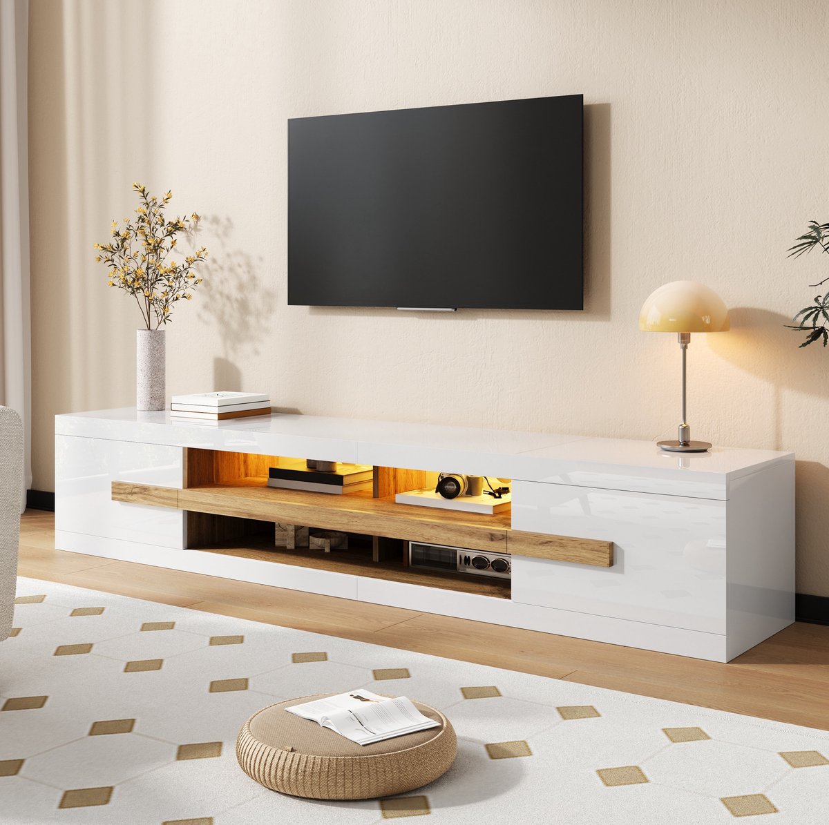 OKWISH TV-Meubel - Met Ledverlichting En Appbediening - Twee Deuren Open Vakken - 200 X 40 X 38 Cm - Voor Woonkamer Partikelplaat Hoogglans - Wit