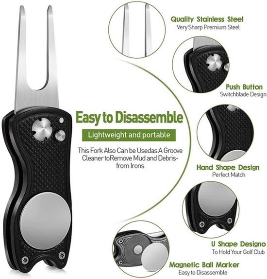 Reparatie pitchgabel voor golfclubs met karabijnhaak - Opvouwbare pitchgabel voor golfaccessoires - Switchblade design — afbeelding 3
