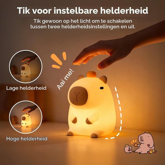 Capybara Nachtlampje voor Kinderen – Oplaadbare Dimbare Babykamerlamp met Aanraakbediening – Voedselveilig Siliconen Tafellamp voor Borstvoeding, Bedtijd & Kinderkamer – Cadeau — afbeelding 2