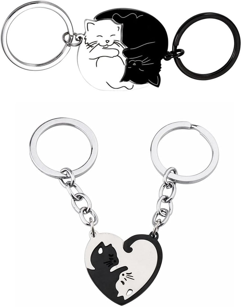 Kittensleutelhangers 2 Paar - Zwart-Wit Roestvrijstaal - Schattige Cadeaus Voor Vriendschap - ShopVlot