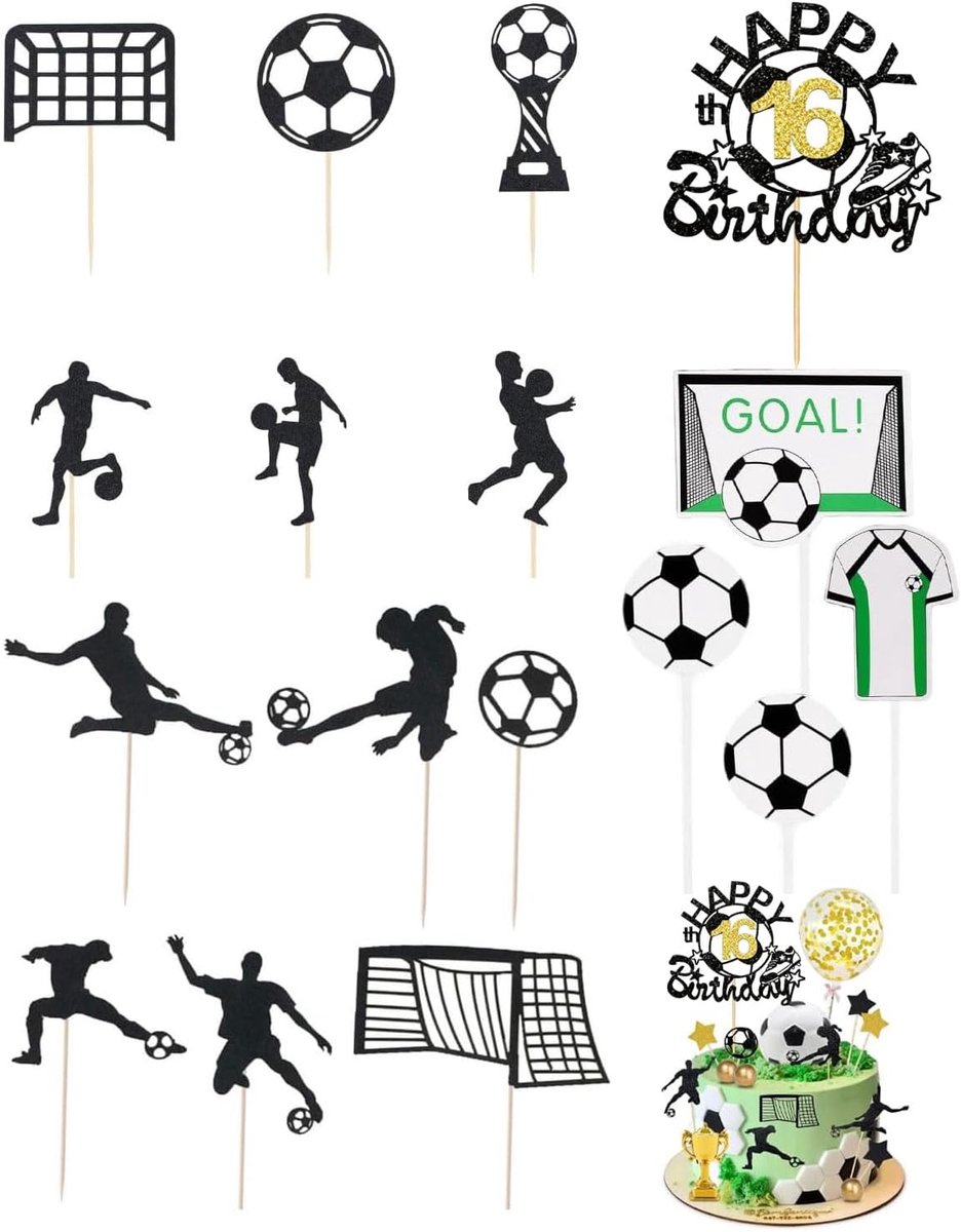 Taartdecoratie, 16 jaar oud taarttoppers voetbal, voor verjaardag kinderen, jongen thema, voetbal verjaardagstaart figuren