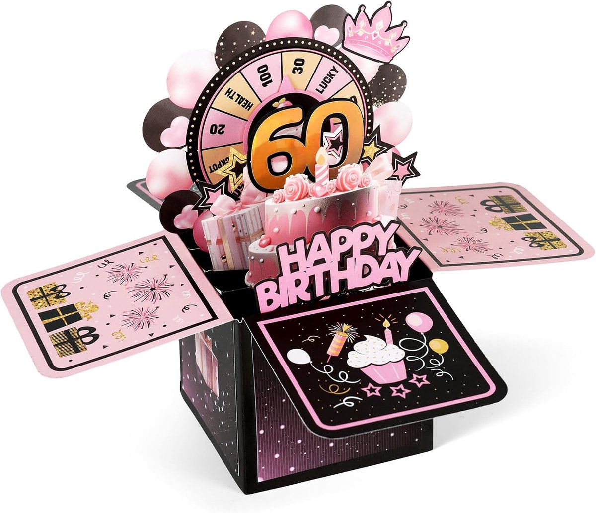 60e Verjaardag Pop-Upkaart, Coole 3D-Verjaardagskaarten in Doos met Envelop en Wenskaart Roze Zwarte Draaitafel & Taart- & Ballonpop-Upgeschenkdoos voor Mannen Vrouwen