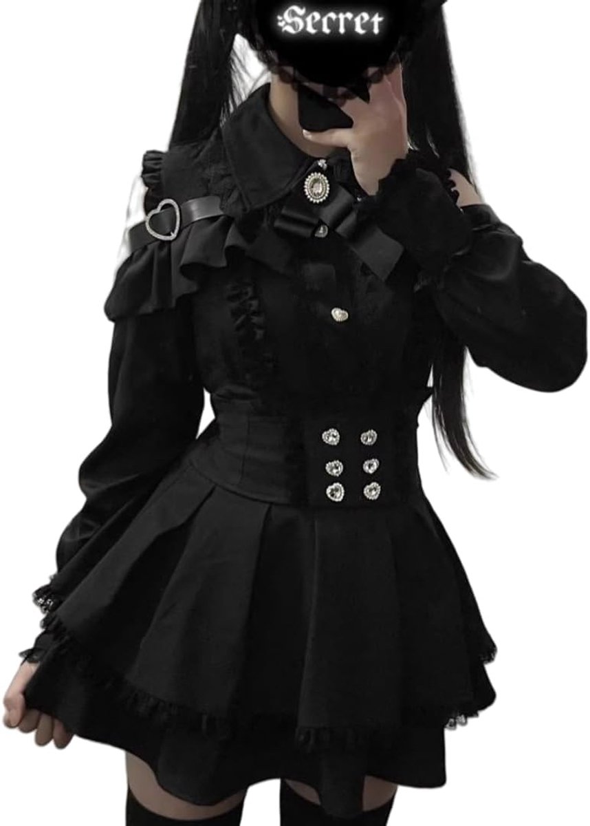 Lolita jurk voor dames, 2-delige set (shirt met lange mouwen + rok) - open schouder, hartgesp, vetersluiting, ruches en linten, elegante Yamikawaii-stijl voor alle seizoenen