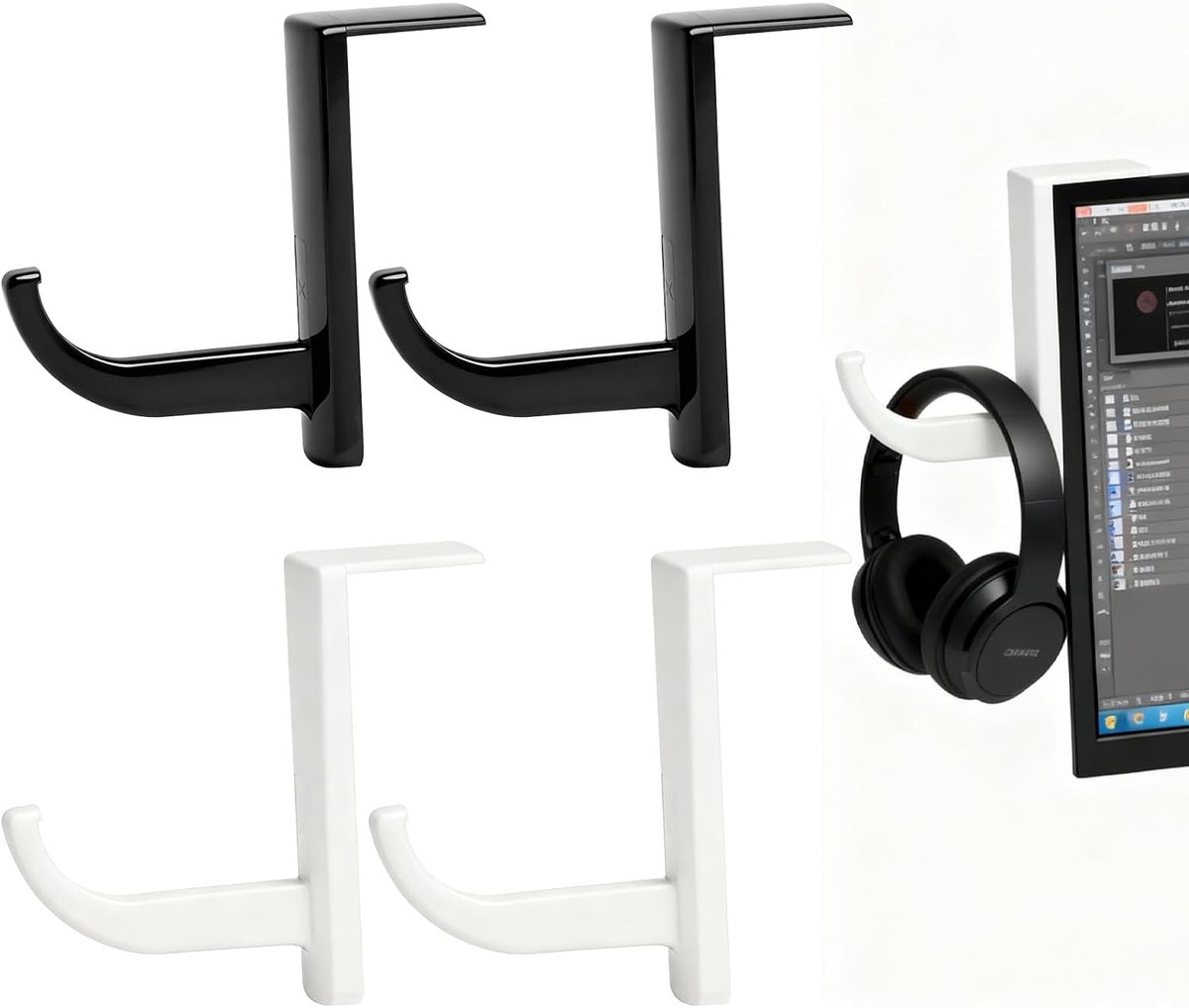 Set van 4 Gaming Hoofdtelefoonhouders, zelfklevende monitorhouder voor headset en koptelefoon, ruimtebesparende houder met sterke lijm voor monitor, tafel en montage op