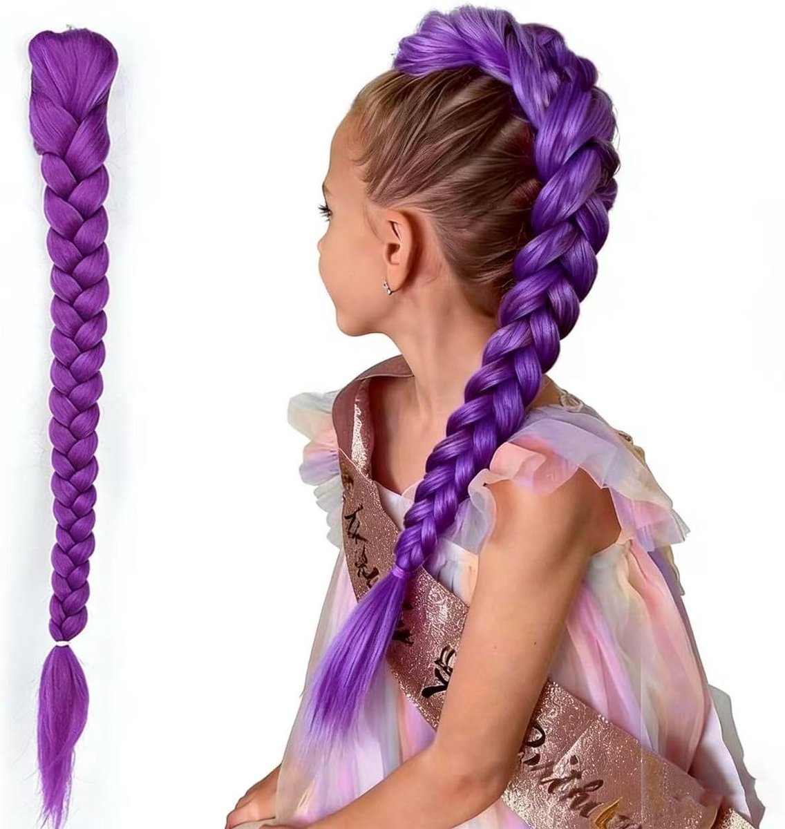Cosplay-pruik voor kinderen, verkleedaccessoires, paarse vlechten, haarverlenging van kunstvezel, 66 cm, ideaal voor themafeesten en carnaval