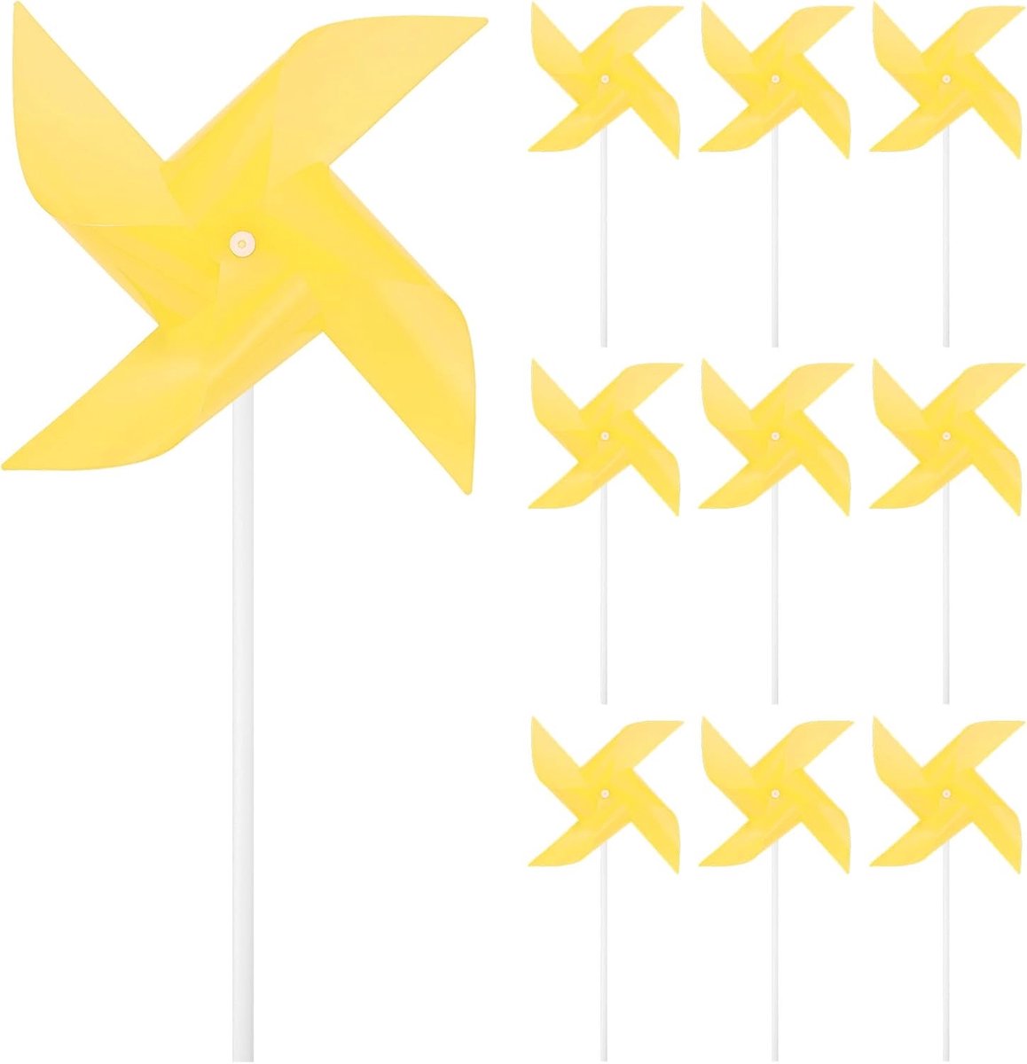 Set van 10 regenboog-pinwheels met vier bladen, 25,5 cm plastic windspinners buiten bloemenmolen voor feestdecoraties/tuin/tuin, speelgoed windspinners [geel]