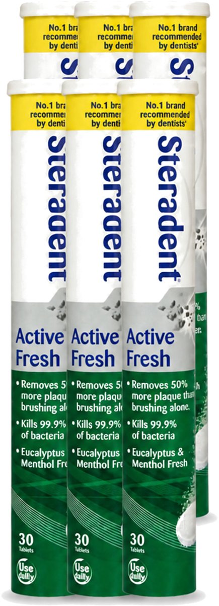 6 x Steradent - Reinigingstabletten - Active Fresh - Voor Kunstgebitten - 30 Tabletten - Voordeelverpakking - 6 stuks