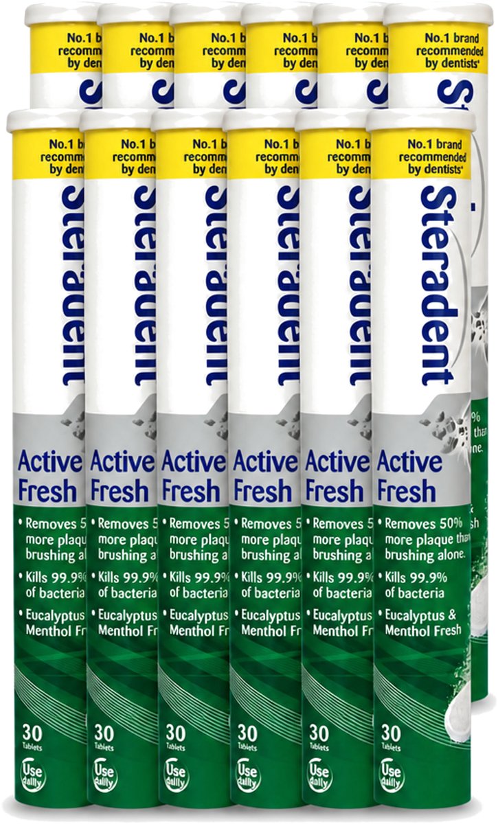 12 x Steradent - Reinigingstabletten - Active Fresh - Voor Kunstgebitten - 30 Tabletten - Voordeelverpakking - 12 stuks