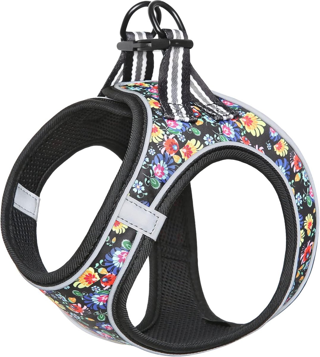 SnelShoppen - Hondenharnas voor Puppy’s & Kleine Honden - Stap-in Zacht Mesh Harnas - Reflecterend, Lichtgewicht, Ademend - Zwart met Bloemen - 2XS