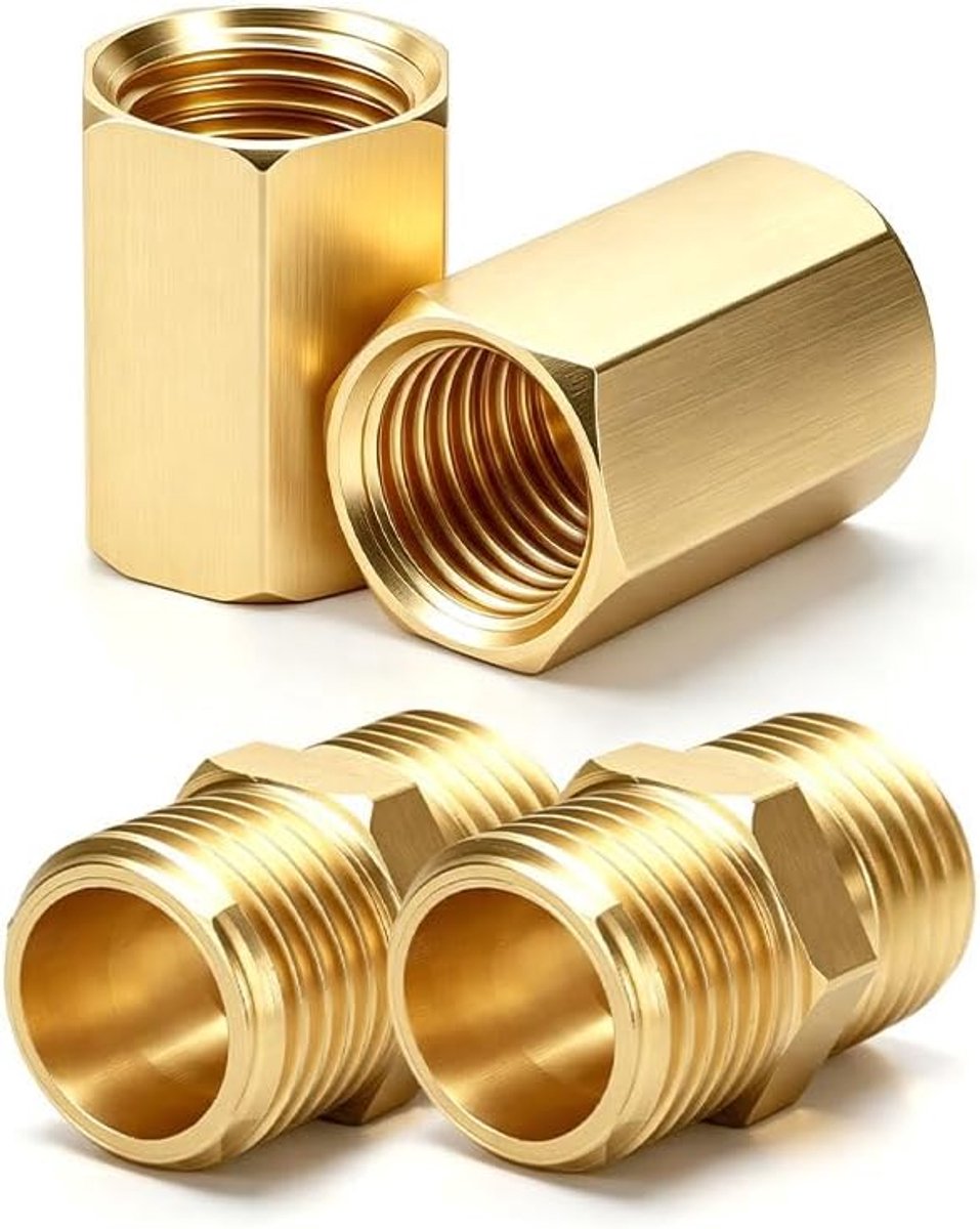 Set van 4 messing buisverbindingen 1/4 inch BSP mannelijk en vrouwelijk
