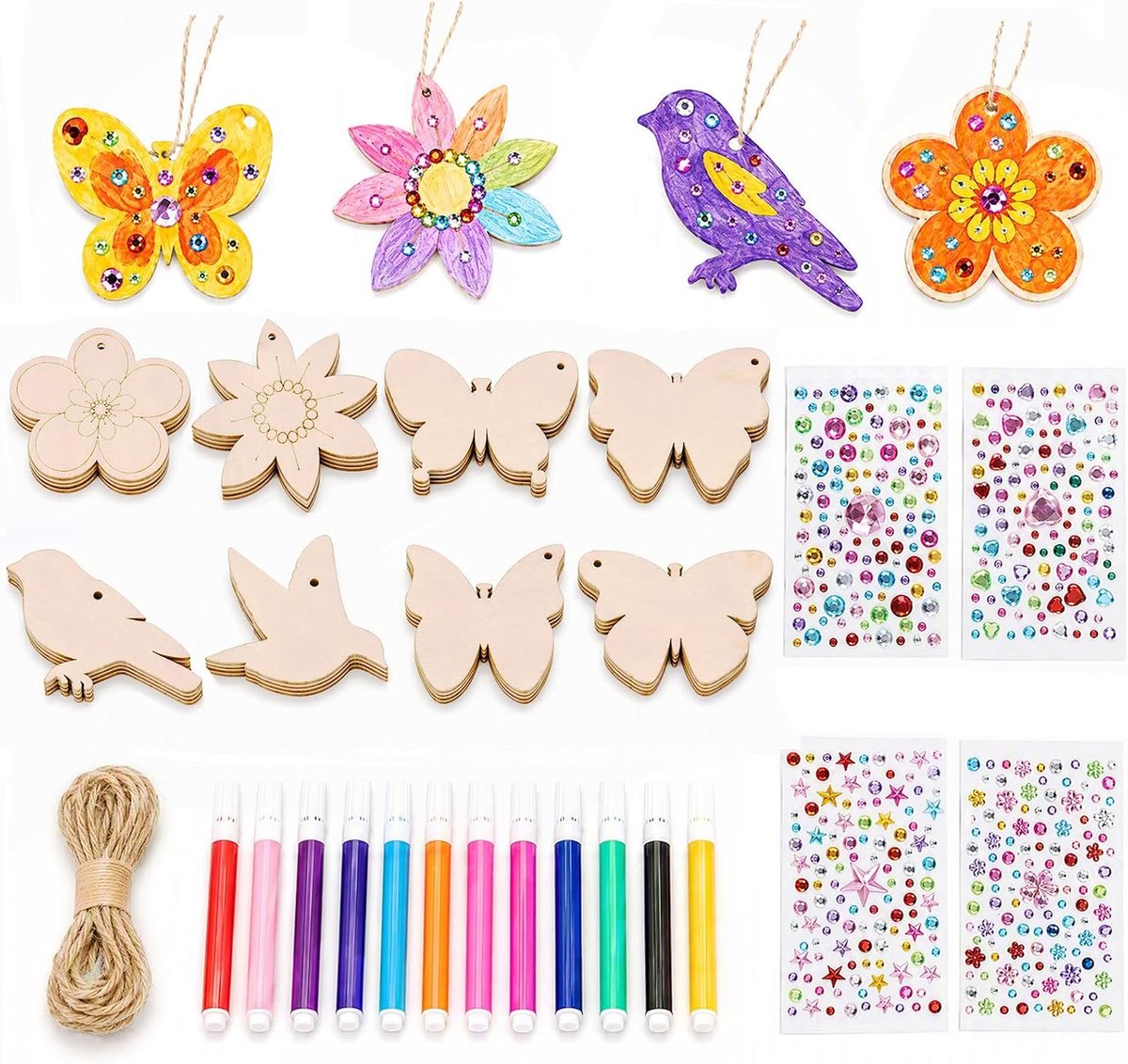 49-delige knutselset voor kinderen, van hout, schilderset, houten hanger om te beschilderen vlinder, bloem, vogel, met aquarelpen en stickers, verjaardag, creatieve vrijetijdsactiviteit