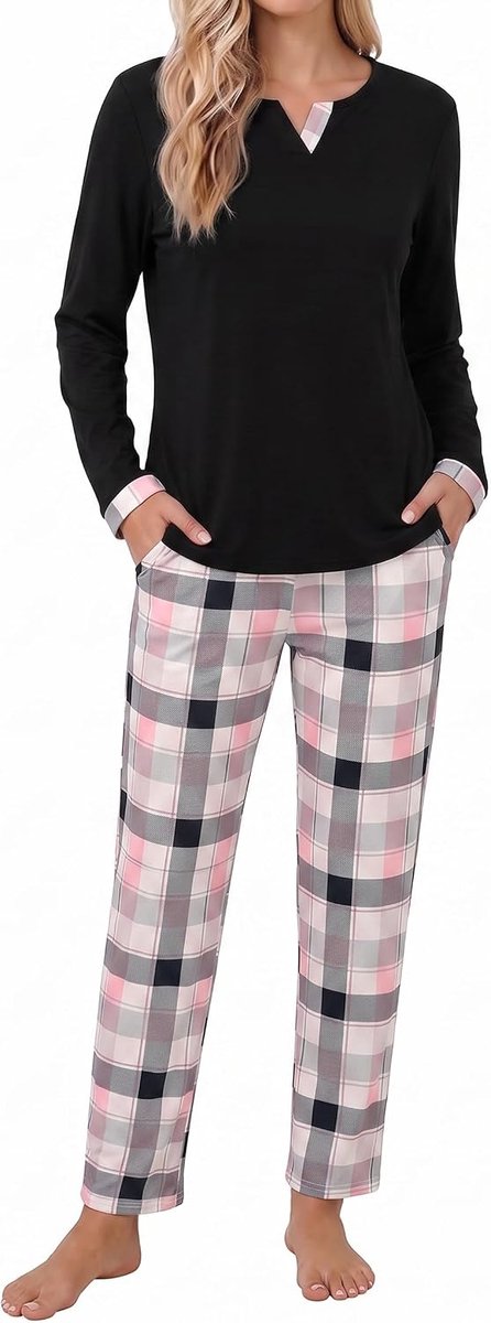 Damespyjama met lange mouwen en inkepingen in geruite pyjama's met