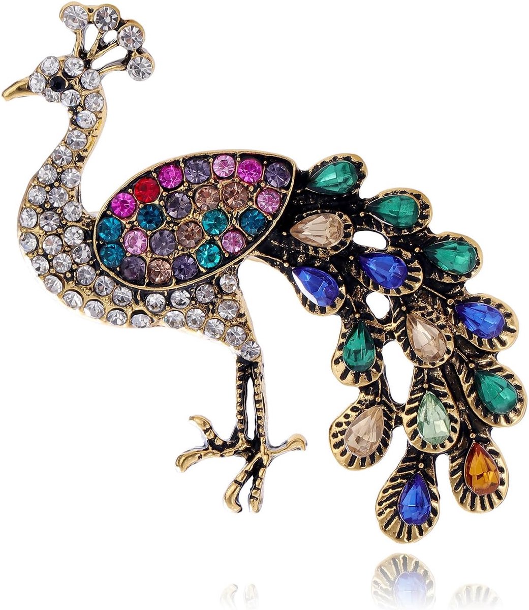 Pauwenbroche voor dames veelkleurig kristal strass antiek goud vogel sieraden accessoire