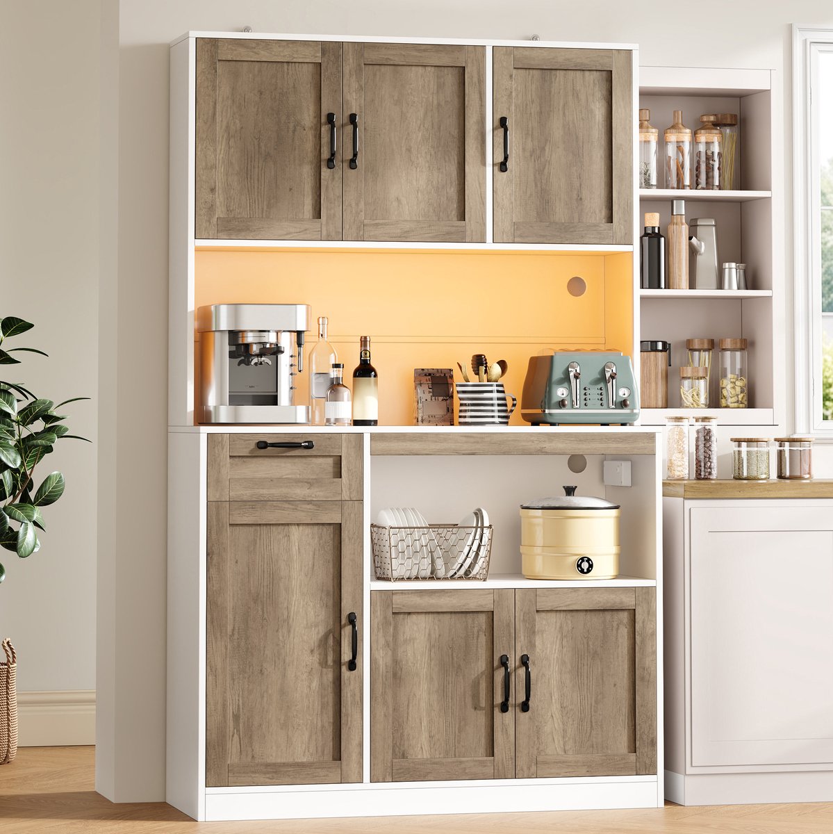 MODFU - Keukenkast - LED-Verlichting En Stopcontacten - 6 Deuren - 1 Lade - MDF - Wit En Naturel