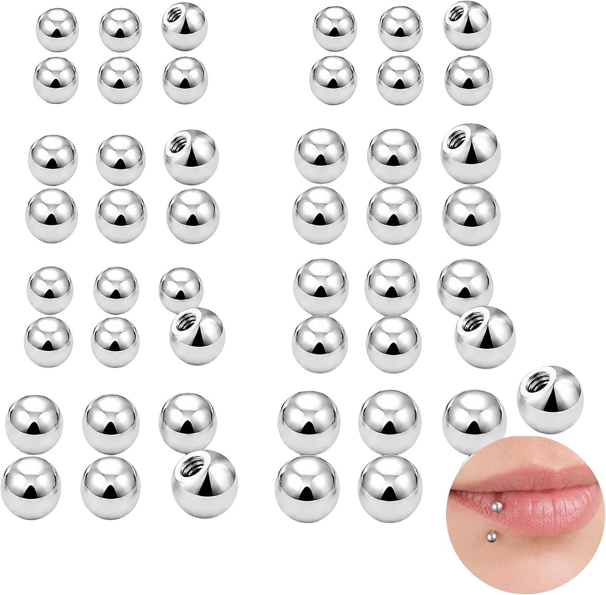 48 balletjes, tongpiercing, labret, lippen en navel, 1,2/1,6 mm