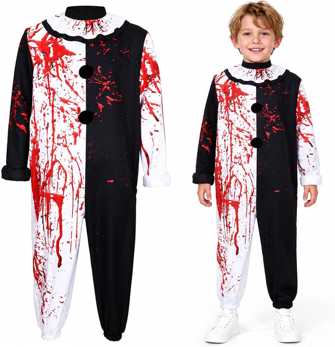 Kostuum heren, Halloween kostuum heren horror clown, zwart-witte jumpsuit met bloedvlekken, terrifier art clown cosplay volwassenen voor Halloween, carnaval, spookhuizen, feest