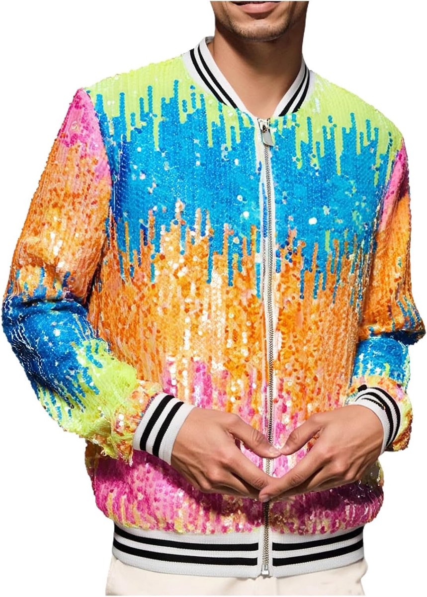 Gestreepte carnavalsjas voor heren, kleurblok paillettenjas, casual, modieus, outdoorjas
