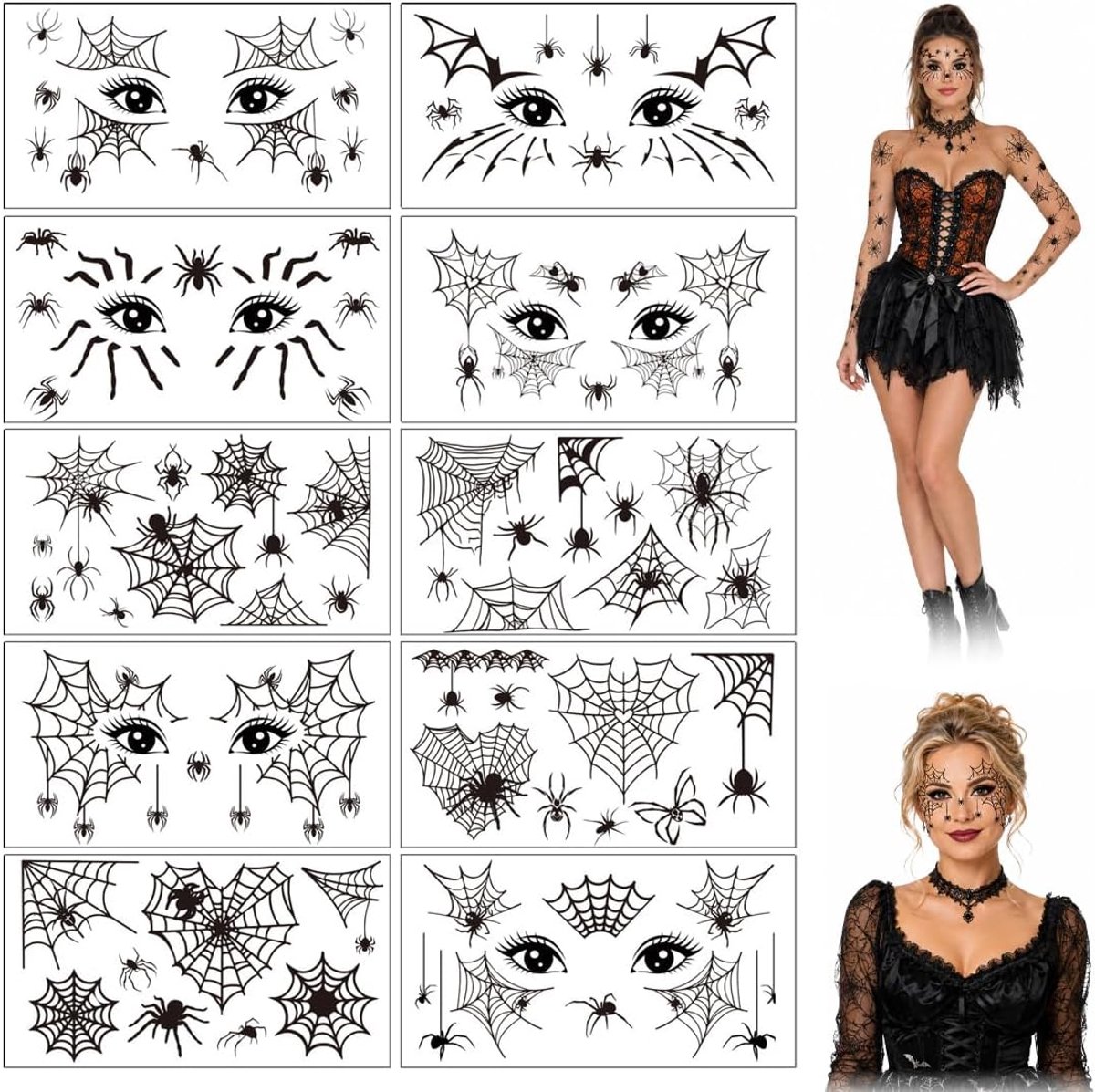 10 stuks Halloween Spider Makeup A, realistische gezichtsmake-up met spinnen en spinnenwebben, waterdicht, voor cosplay volwassenen en kinderen