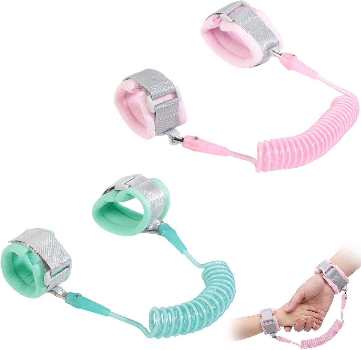 Veiligheidslijn voor kinderen, 2 stuks, 1,5 m, anti-verlies, polsband voor peuters, elastische kinderriem met 360° draaischarnier, veiligheidsarmband voor outdoor en reizen, grijs-groen en grijs-roze